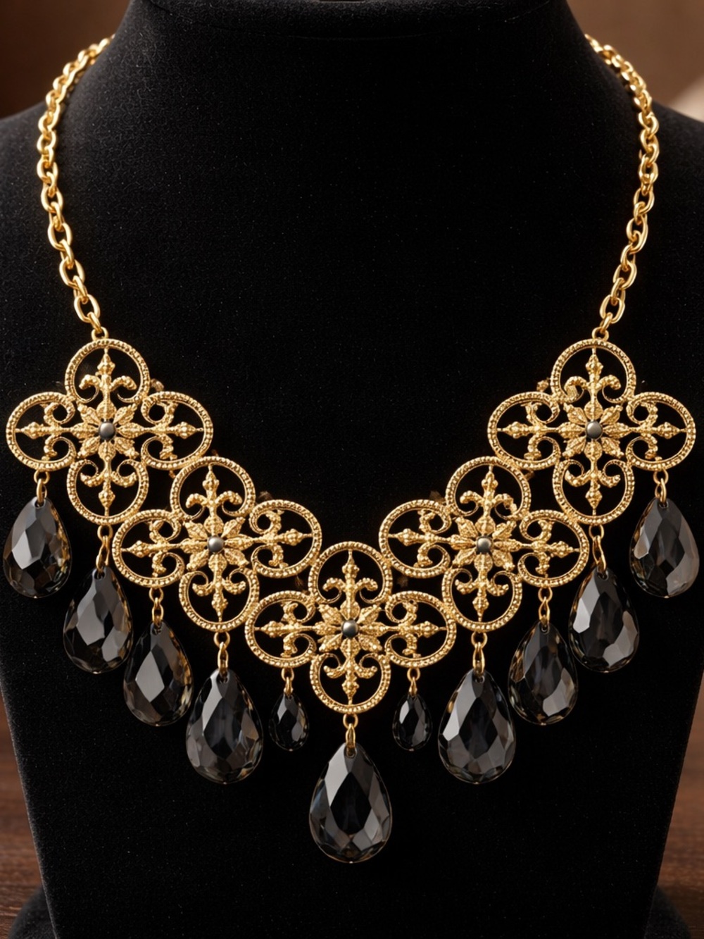 Vintage Joan Rivers Signed Gold Filigree Statement Necklace with Black Crystals